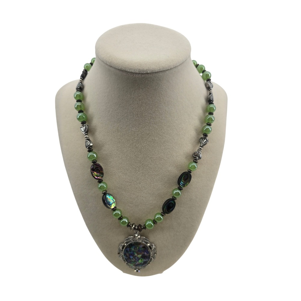 Abalone Shell Pendant Necklace Women 20" Green Glass Bead Boho Silver Tone EUC